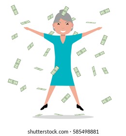 Vector illustration cartoon old woman jumping for joy at the falling paper money. Happy grandmother won a prize, winning the lottery. Flat style. Female under rain of cash. Elderly woman millionaire.