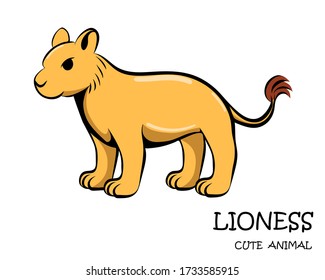 Vector illustration cartoon on a white background of a cute lioness. 