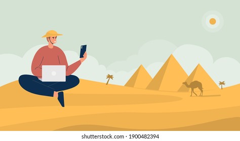 Vector illustration cartoon of one young boy talking with someone, Sit down on the ground of pyramid. Flat concept Illustration.