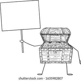 Vector illustration of cartoon open treasure pirate chest character full of gold coins holding empty sign in hand. Economy or financial advertisement or marketing design.