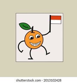 Vector illustration of cartoon orange fruit with Indonesian flag for independence day celebration