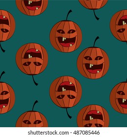 Vector illustration cartoon orange pumpkin. Halloween vector illustration on green  background.  seamless pattern