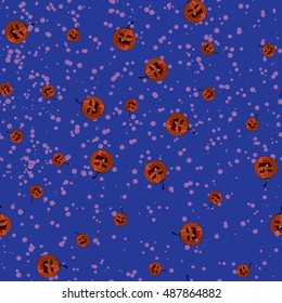 Vector illustration cartoon orange pumpkin. Halloween vector illustration on dark violet background. seamless pattern with snow dots.