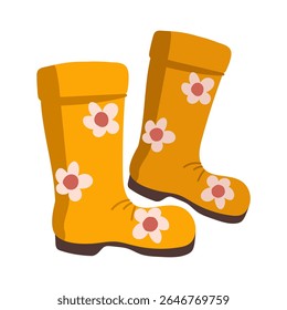 Vector illustration of cartoon orange rubber boots with floral pattern. Rubber boots for autumn rain. Accessory for autumn season.