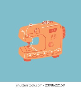 Ilustración vectorial de una máquina de coser de color naranja con fondo azul. Elemento vectorial para el diseño de postales, banners de aficiones y tiendas creativas. estilo de listración moderna escandinava.