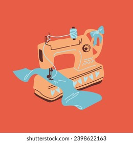 Vector illustration of a cartoon orange sewing machine with piece of cloth on a red background. Vector element for the design of postcards, banners of hobby and creative shops. Scandinavian style.