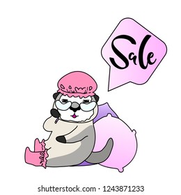 Vector illustration, cartoon otter and sale hand drawn lettering in the speech bubble. Applicable for promotion banners, flyers, brochures, webpages etc. Can be used for sale announcement concepts.