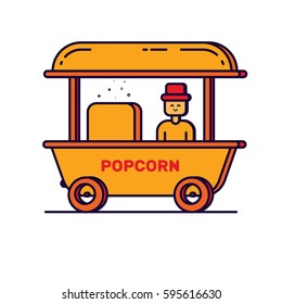 Vector illustration of cartoon outline man with popcorn cart carnival store. Graphic design concept of circus shop with pop corn. Use in Web Project and App. Flat bold line stock isolated object.