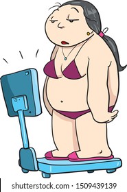 Vector illustration of a cartoon overweight lady on a scale