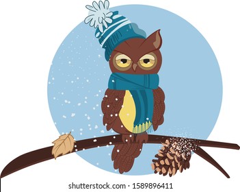 Vector illustration of a cartoon owl in a blue scarf and a blue hat with a pompom. An owl sits on a branch with a cone and a fallen leaf. Snow is falling.