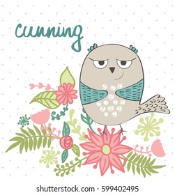 vector illustration of a cartoon owl. Cunning