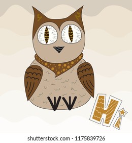 Vector illustration of a cartoon owl. Design for kids t-shirt. Modern design for the fabric. Cute print