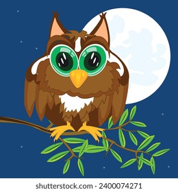 Vector illustration of the cartoon of the owl on branch moon in the night