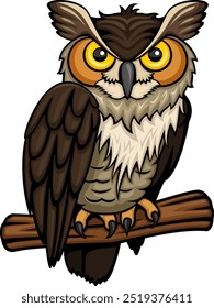 Vector illustration of a cartoon owl perched on a tree branch.