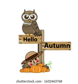 vector illustration of cartoon owl and pumpkin man in autumn. vector illustration of cartoons for cartoons, clip art, posters, stickers and animations