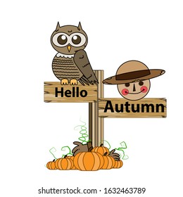 vector illustration of cartoon owl and pumpkin man in autumn. vector illustration of cartoons for cartoons, clip art, posters, stickers and animations