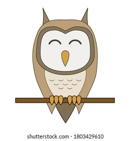 Vector illustration of cartoon owl sitting on a branch isolated on white background