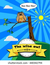 vector illustration of a cartoon owl sitting on a branch