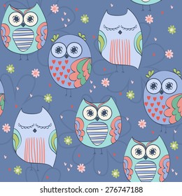 Vector illustration with cartoon owls. Seamless pattern