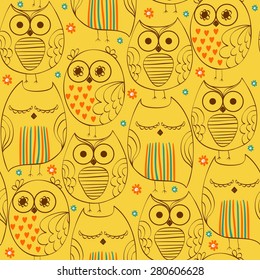 Vector illustration with cartoon owls. Seamless pattern