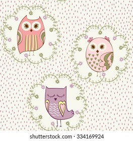 Vector illustration with cartoon owls. Seamless pattern