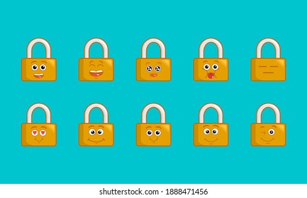 vector illustration of a cartoon padlock with a character. with a blue background.