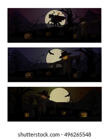 Vector Illustration and Cartoon: Page Banners Halloween Ghost Knight Headless Horseman in legend and Scarecrow Head Pumpkin Jack o Lantern On dark background.