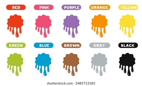 Vector illustration of cartoon paint blobs with names. Paint splashes of different colors.