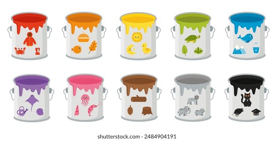 Vector illustration of cartoon paint cans with colorful objects. Color sorting for kids.