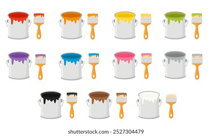 Vector illustration of cartoon paint cans and paint brushes.