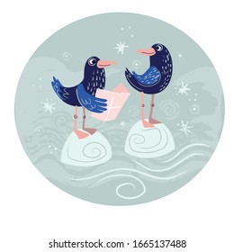 Vector illustration of cartoon pair of seagulls in open sea finding right deraction  with help of mape. 