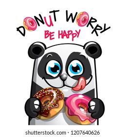 Vector illustration of cartoon panda with donuts.