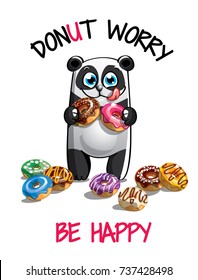 Vector illustration of cartoon panda with donuts.