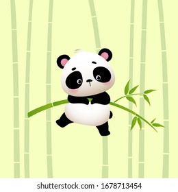 Vector illustration cartoon panda hanging on the bamboo trees.