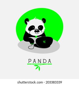Vector illustration with cartoon panda sitting at his notebook and working