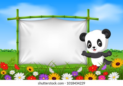 vector illustration of Cartoon panda standing on a bamboo frame