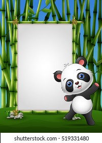 Vector illustration of Cartoon panda standing on a bamboo frame