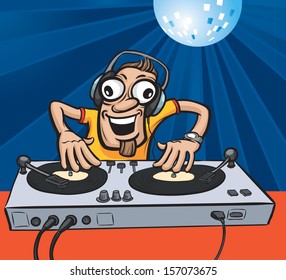 Vector illustration of Cartoon party DJ. Easy-edit layered vector EPS10 file scalable to any size without quality loss. High resolution raster JPG file is included.