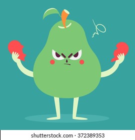 Vector illustration of a cartoon pear with angry expression tearing a heart apart.