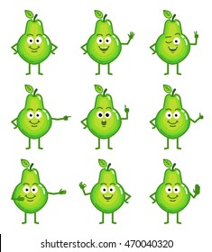 Vector illustration of a cartoon pear character showing different hand gestures