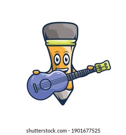 vector illustration of cartoon pencil character playing guitar. playing music Icon Concept Premium Vector Isolated. flat cartoon style