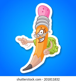 Vector illustration of cartoon pencil indicating the direction of look. Bright cool sticker with shadow. Back to school theme. Decorative element for your school and note designs, etc.  