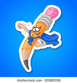 Vector illustration of cartoon pencil  looking like superman. Bright cool sticker with shadow. Back to school theme. Decorative element for your school and note designs, etc.  