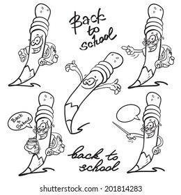 Vector illustration of cartoon pencils set isolated on white background. Black and white. Cool collection of line art sketches. Back to school. Decorative elements for your school and note designs.  