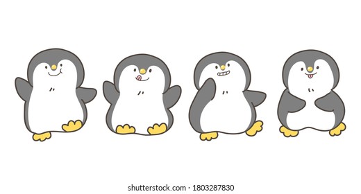 Ilustración vectorial de personajes de dibujos animados pingüinos sobre fondo aislado de blanco