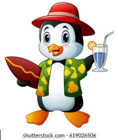 vector illustration of Cartoon penguin with cocktail drink and surfboard