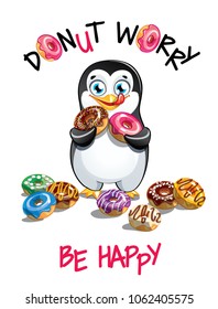 Vector illustration of cartoon penguin with donuts