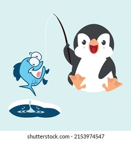 vector illustration of Cartoon penguin fishing