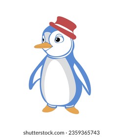 Vector illustration of a cartoon penguin with a hat on a white background