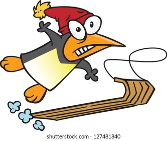 A vector illustration of cartoon penguin riding a toboggan